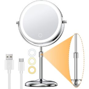 Gospire 7" Lighted Makeup Mirror with Magnification 10X/1X, Height Adjustable & 3 Color Dimmable Lights, 360° Swivel Double Sided Light up Rechargeable LED Cosmetic Vanity Cordless Standing Mirror
