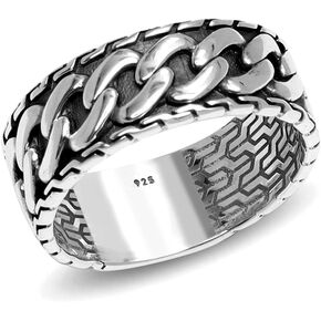 LeCalla 925 Sterling Silver Cuban Link Rings | Men's Vintage Minimalist Eternity Band Ring | Antique Handmade Curb Link Chain Rings for Men | (Size 8-10 No.)