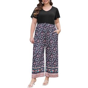 Keluummi Plus Size Summer Floral Jumpsuits for Curvy Women, Casual V Neck Empire Waist Long Pants Romper with Pockets