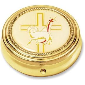 Holy Lamb of God w Latin Cross Design Gold Plate Catholic Religious Hospital Church Communion Pyx for Hosts