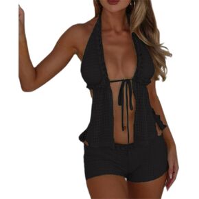 Miqil Women Summer 2 Piece Crochet Set Sexy Tie Up Halter Backless Cami Top Low Waist Shorts Y2K Coquette Beach Clothes
