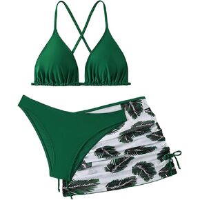 Girl's 3 Piece Bikini Set Tropical Leaf Print Swimwear Bathing Suit Swimsuit with Cover Up