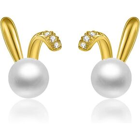 SLUYNZ 925 Sterling Silver Easter Rabbit Bunny Studs Earrings for Women Teen Girls Pearl Rabbit Earrings Studs