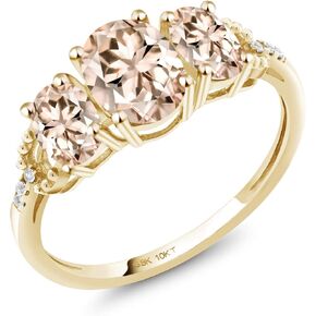 Gem Stone King 1.67 Cttw 10K Yellow Gold Peach Morganite and Accent Diamond 3-Stone Engagement Ring for Women | Oval 7X5MM and 6X4MM | Gemstone Birthstone | Size 5,6,7,8,9