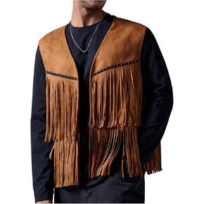 OYOANGLE Men's Boho Fringe Trim Open Front Vest Coat Sleeveless Western Cowboy Vest Waistcoat