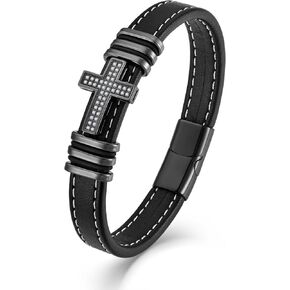 Men's Leather Christian Cross Bracelet, 316L Stainless Steel Religious Cross Bracelet Christian Prayer Faith Jewelry Gift for Men, 8.3 Inch & 9.1 Inch
