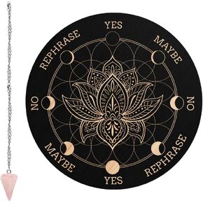 CRASPIRE Pendulum Board Lotus Flower Dowsing Divination Metaphysical Message Board 7.9Inch Wooden Carven Board with Rose Quartz Crystal Dowsing Pendulum Witchcraft Wiccan Altar Supplies Kit