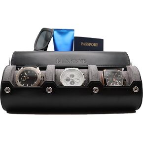 Travel Watch Case – Stylish Leather Watch Organizer with Easy to Move Pillows, Soft Lining. Holds 3 Watches, with Bonus Watch Pouch, Compact for Travel and Home, Ideal for Collectors, Black.