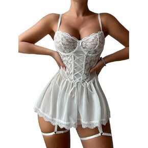 YUNAR Women Sheer Sexy Underwire Floral Lace Babydoll Sleepwear Lingerie Garter Set