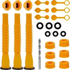 Gas Can Spout Replacement, Anti-Spill Gas Can Nozzle Replacement (3Kit-Yellow) for Most 1/2/5/10 Gal Gas Tank.With Flexible Nozzles,Screw Collar Caps,Vent Caps,Silicone Gaskets,Spout Cover,Drill Bit