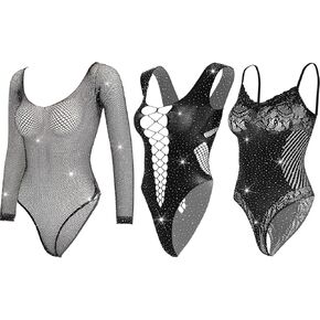 3pcs نساء راينستون bodysuit أسود شبكة السمك الشبكية