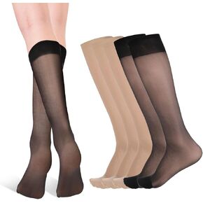 6 Pairs Knee High Stockings for Women & Grils, Elastic Non-Slip Nylon High Socks with Reinforced Toe for Daily Commuting, Casual Dating, Formal 0ccasions (3 Black + 3 Skin-Tone)