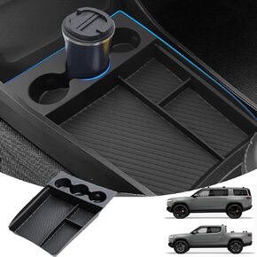 Lower Center Console Organizer with Expanded Cupholders for Rivian R1T/R1S 2022 2023 2024 2025 Floor Console Organizer, Console Storage Box Interior Rivian r1t Accessories
