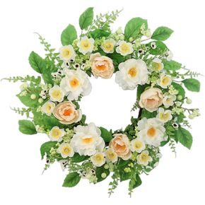 22 inch White Artificial Spring Summer Wreaths for Front Door, Rose Peony Floral Wreath Front Door with Berry Green Leaves Suitable for Spring and Summer for Wall Porch Farmhouse Holiday Decorations