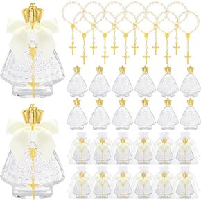 Chuangdi 12 Sets Holy Bottle Baptism Favors with Cross Rosary 50ml Empty Glass Holy Container Bow Water Bottle for Guests Baptism Gifts Church Wedding Baptism Favors(Delicate)