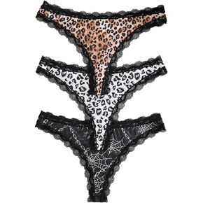 SOLY HUX Women's Gothic Lace Trim Thongs 3 Packs Funny Printed Panties Sexy Underwear