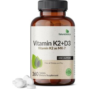 Futurebiotics Vitamin K2 with D3, 2 in 1 Support, 5000 IU Vitamin D3 & 90 mcg Vitamin K2 MK-7 Non-GMO, 120 Tablets