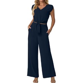 Lepunuo Women Summer 2 Piece Outfits Cap Sleeve V Neck Belted Crop Tops Casual Wide Leg Pants Matching Sets Travel Outfits