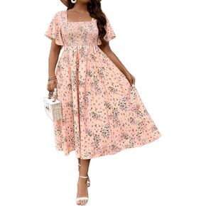 Floerns Women's Plus Size Floral Square Neck Flounce Short Sleeve A Line Maxi Dress
