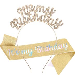 AOPRIE It's My Birthday Sash Headbands for Women Birthday Tiara & Crowns for Girls Rhinestone Happy Birthday Accessories Favor Supllies Gold White, 2 Pack