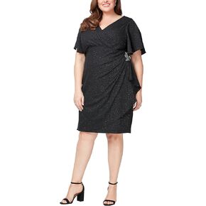 S.L. Fashions Women's Metallic Knit Sheath Cocktail Dress with Flutter Sleeves & Beaded Hip Detail (Plus Size)
