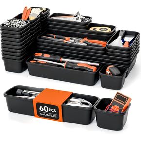 [5-Sizes] 60 Pack Tool Box Organizer Tray, Large 12'' Tools Box Organizers and Storage, for Hammer, Wrench, Screw, Small Parts Toolbox Organization, Tool Cart Chest Garage Drawer Organizer Tray, Black