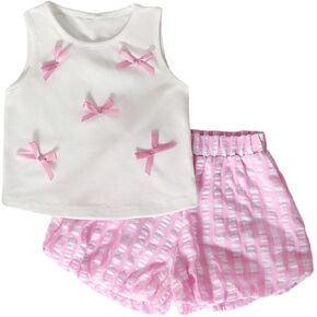 MakeMeChic Girl's 2 Piece Cute Summer Outfits Bow Crew Neck Tank Crop Top and Striped Bubble Shorts Set
