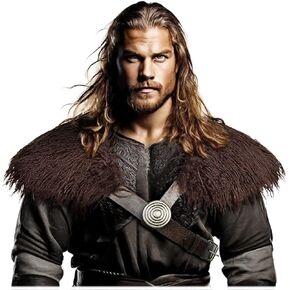 L'VOW Men Viking Fur Shawl Fur Mantle with Leather Belt Medieval Shoulder Wrap Fur Collar LARP Warrior Costume