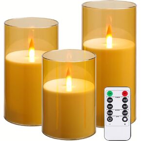 Upinmz Flickering Flameless Candles with Remote and Timer，Battery Operated Acrylic LED Pillar Candles ，for Christmas Decorations Home Decorations ，Set of 3