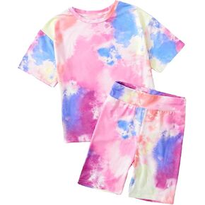 SOLY HUX Girl's Tie Dye Short Sleeve Round Neck T Shirt and Biker Shorts 2 Piece Summer Outfit