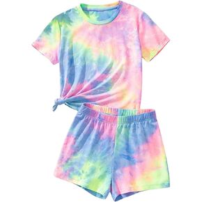 SweatyRocks Girl's 2 Piece Outfits Tie Dye Short Sleeve Crewneck T Shirts and Shorts Set