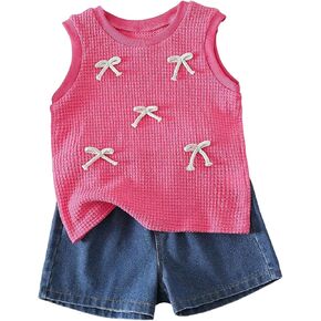 MakeMeChic Girl's 2 Piece Cute Outfit Bow Crew Neck Tank Top and Denim Shorts Set