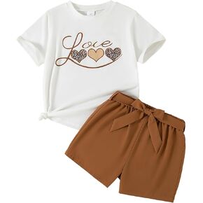 Girl's 2 Pcs Outfits Cute Print Short Sleeve Top and Elastic Waist Summer Short Sets with Belt