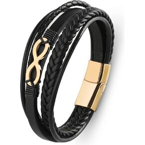 Mens Cuff Infinity Bracelet - Stainless Steel Genuine Leather Bracelets for Men - Multilayer Row Punk Jewelry