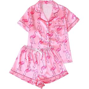 Shenhe Women's 2 قطعة ساتان Pajama مجموعة Leopard الأكمام قصيرة الأكمام لأسفل PJ Shorts