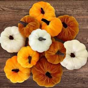 12 Assorted Velvet Pumpkins for Decorating, Fall & Thanksgiving Decor