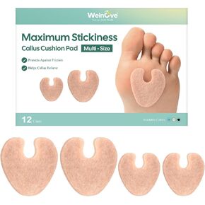 Welnove Corn Cushions for Feet, Extra-Strong Adhesive & Cushioned Support, All-Day Pain Relief for Calluses, Fits Toes & Heels（12 Count）