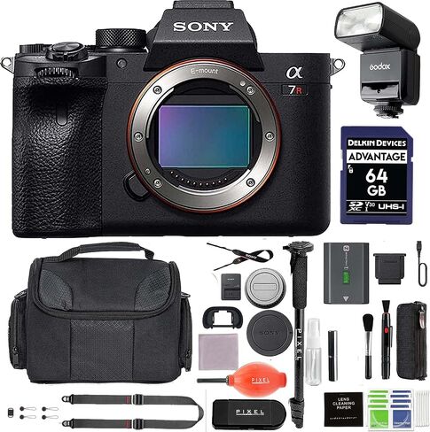 Sony Alpha a7R IVA Mirrorless Digital Camera (ILCE7RM4A/B) Body Bundle with GODOX Flash, 64GB SDXC Card, Gadget Bag, Monopod + More Accessory Kit | Sony A7R4 in Saudi Arabia