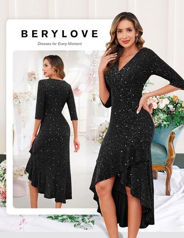 Berylove المرأة الرسمية زفاف الضيوف كوكتيل الترتر اللمعان اللامع 3/4 كم من الأكمام المسائية في حفل الحفلة حفلة موسيقية in Kuwait