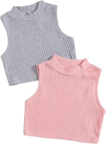 Milumia Girl's 2 Pack Crop Tank Tops Mock Neck Disteless Fluged Rebted Tops Short in Saudi Arabia