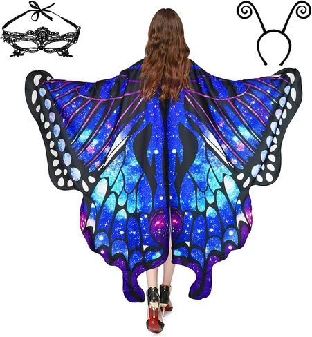 Halloween Costumes for Women Adult Butterfly Costumes Wing Cape Shawl 3Pcs with Lace Mask and Black Velvet Antenna Headband in Saudi Arabia