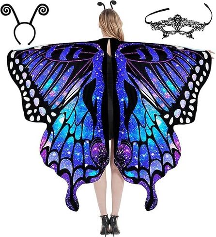 Halloween Costumes for Women Adult Butterfly Costumes Wing Cape Shawl 3Pcs with Lace Mask and Black Velvet Antenna Headband in Saudi Arabia