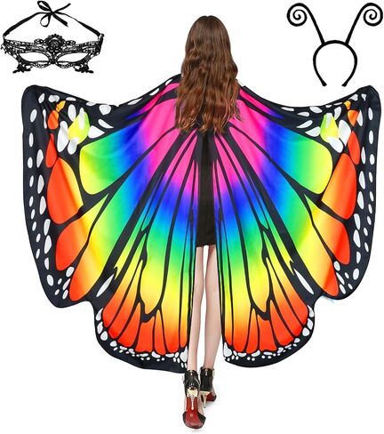 Halloween Costumes for Women Adult Butterfly Costumes Wing Cape Shawl 3Pcs with Lace Mask and Black Velvet Antenna Headband in Saudi Arabia