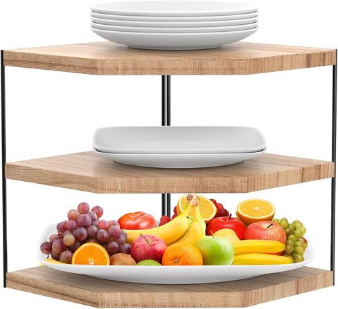3-Tier Wood Counter Corner Shelf Organizer-Plate Organizer for Cabinet Countertop Storage - Vanity Counter Corner Shelf, Skincare | Plates | Cups | Bowls (Wood+Black) in Saudi Arabia
