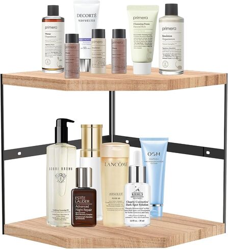 3-Tier Wood Counter Corner Shelf Organizer-Plate Organizer for Cabinet Countertop Storage - Vanity Counter Corner Shelf, Skincare | Plates | Cups | Bowls (Wood+Black) in Saudi Arabia