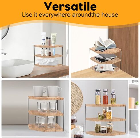 3-Tier Wood Counter Corner Shelf Organizer-Plate Organizer for Cabinet Countertop Storage - Vanity Counter Corner Shelf, Skincare | Plates | Cups | Bowls (Wood+Black) in Saudi Arabia