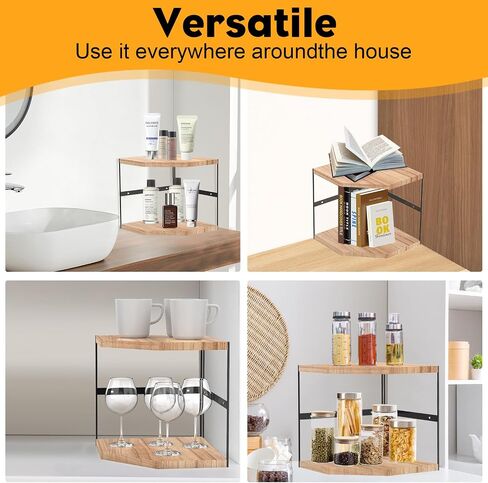 3-Tier Wood Counter Corner Shelf Organizer-Plate Organizer for Cabinet Countertop Storage - Vanity Counter Corner Shelf, Skincare | Plates | Cups | Bowls (Wood+Black) in Saudi Arabia