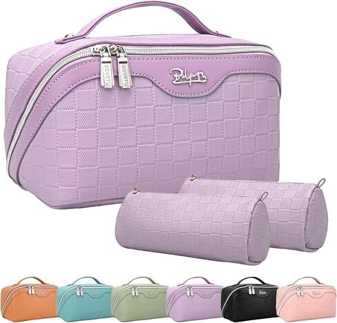 Boyatu Travel Makeup Bag Bage Cosmetic Bag: 3 PCS مجموعة أكياس مكياج للنساء مع مقبض-أكياس من جلود جلدية نباتية مقاومة للماء مع مقارنات (C-01 الأرجواني) in Kuwait