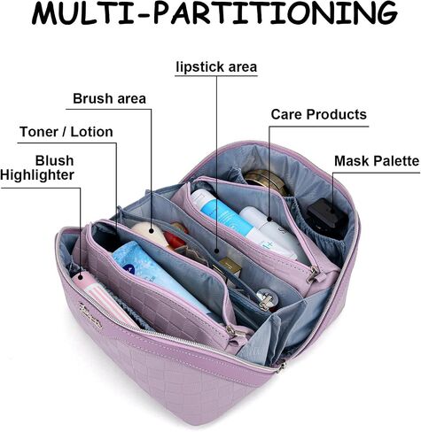 Boyatu Travel Makeup Bag Bage Cosmetic Bag: 3 PCS مجموعة أكياس مكياج للنساء مع مقبض-أكياس من جلود جلدية نباتية مقاومة للماء مع مقارنات (C-01 الأرجواني) in Kuwait