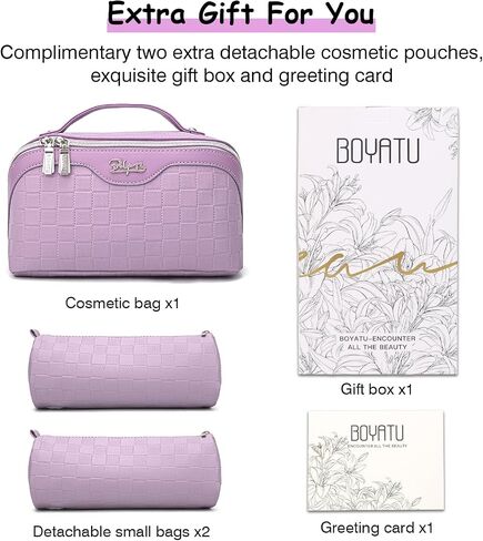 Boyatu Travel Makeup Bag Bage Cosmetic Bag: 3 PCS مجموعة أكياس مكياج للنساء مع مقبض-أكياس من جلود جلدية نباتية مقاومة للماء مع مقارنات (C-01 الأرجواني) in Kuwait
